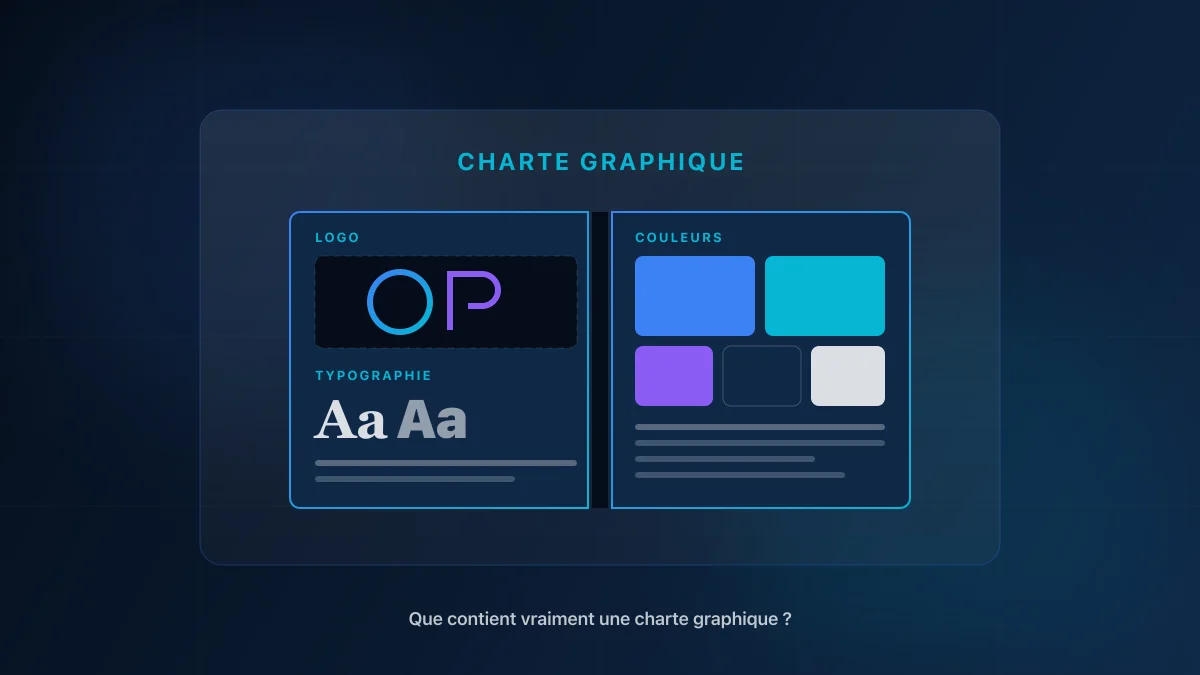 Pages d'une charte graphique : logo, palette de couleurs, typographies et règles d'usage
