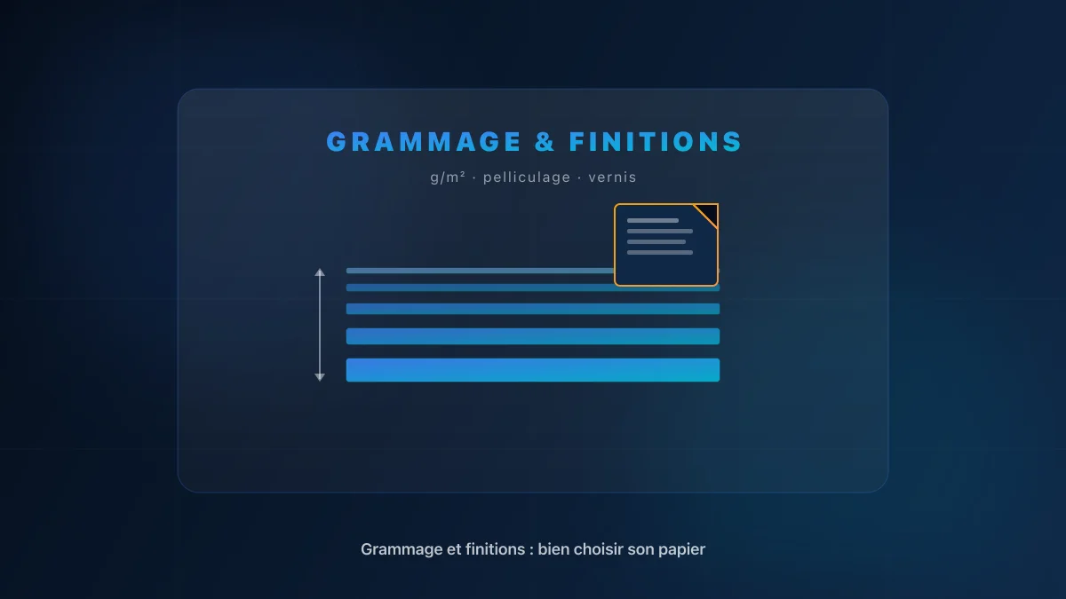 Nuancier de grammages et finitions papier sur un présentoir d'imprimerie