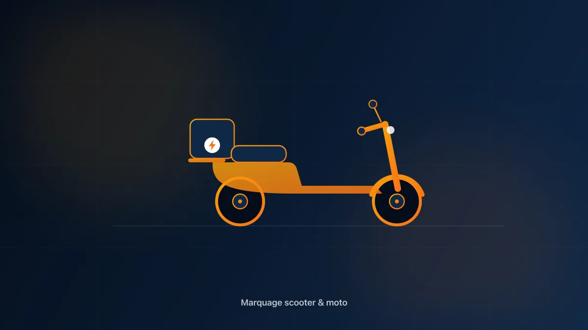 Scooter de livraison avec lettrage adhésif et top-case marqué aux couleurs de l'entreprise