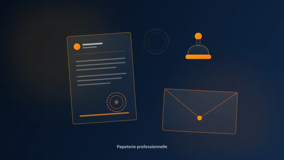 Papeterie professionnelle complète : papier en-tête, devis, tampon encreur et enveloppes à l'identité d'une entreprise