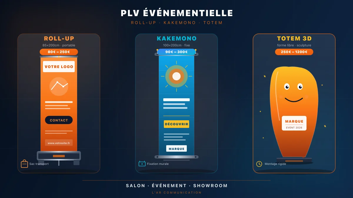 PLV événementielle : roll-up, kakemono et totem comparés sur stand professionnel