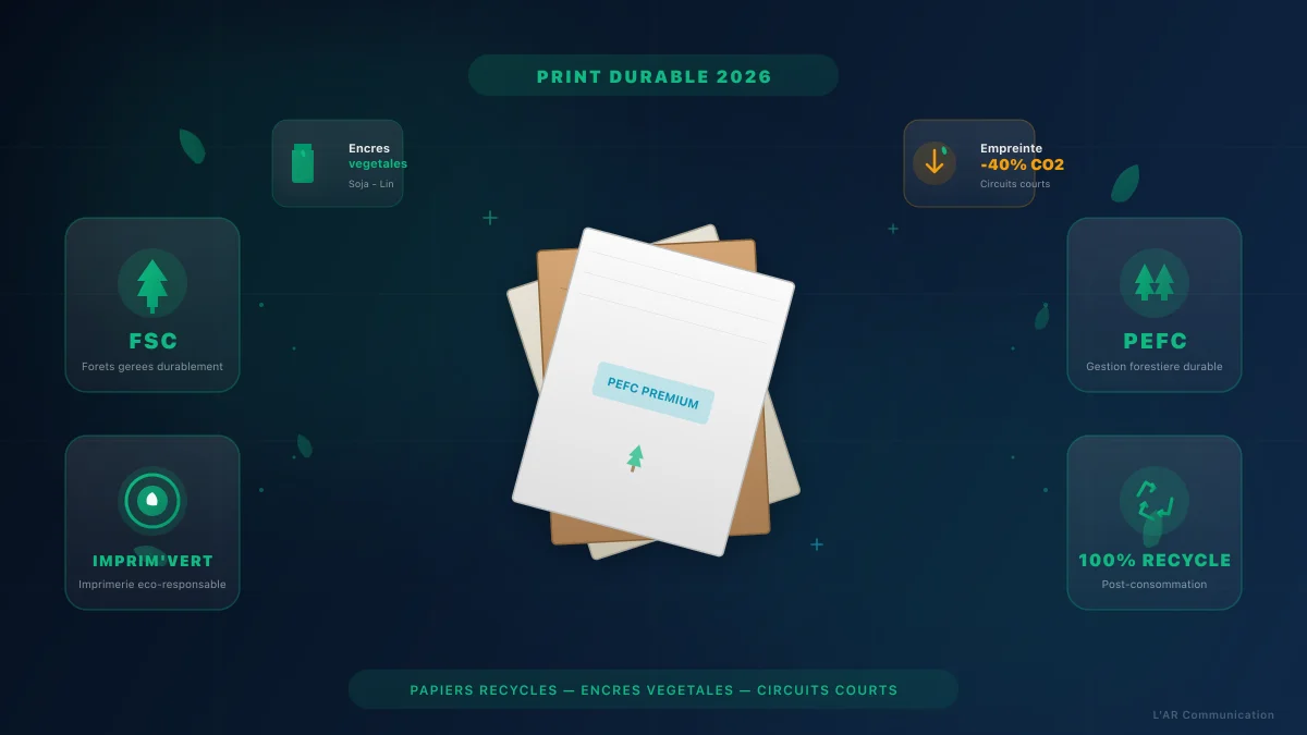 Print durable 2026 : papiers recyclés, encres végétales et certifications