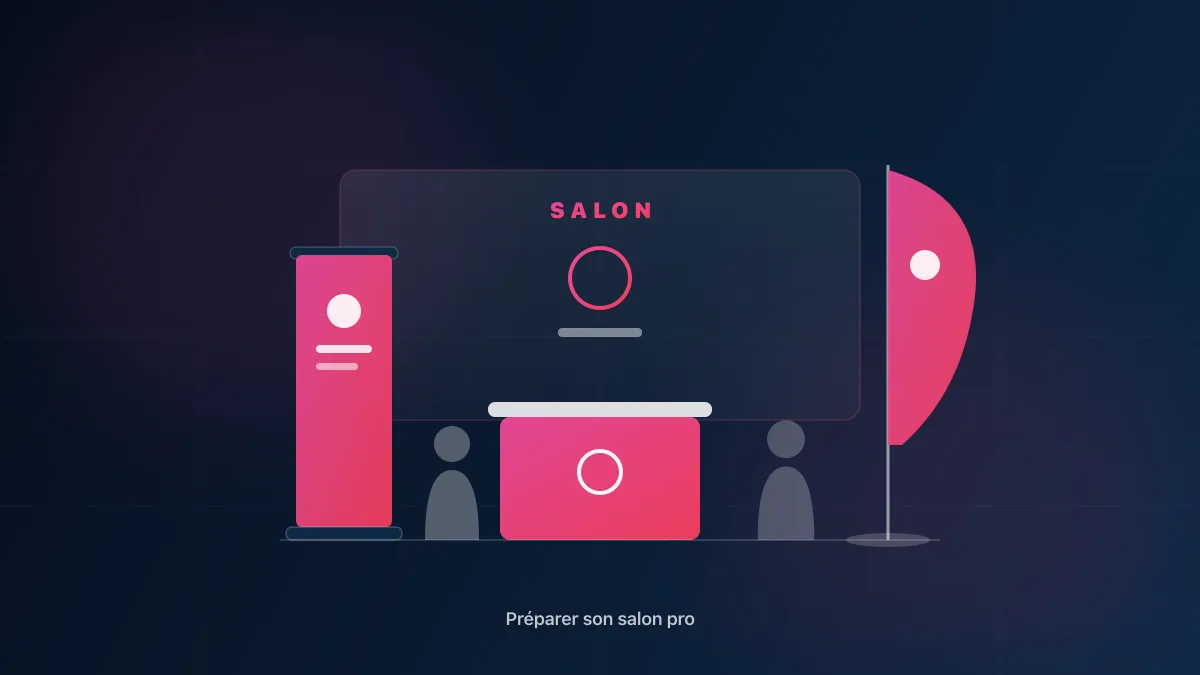 Stand de salon professionnel avec roll-up, comptoir et oriflamme