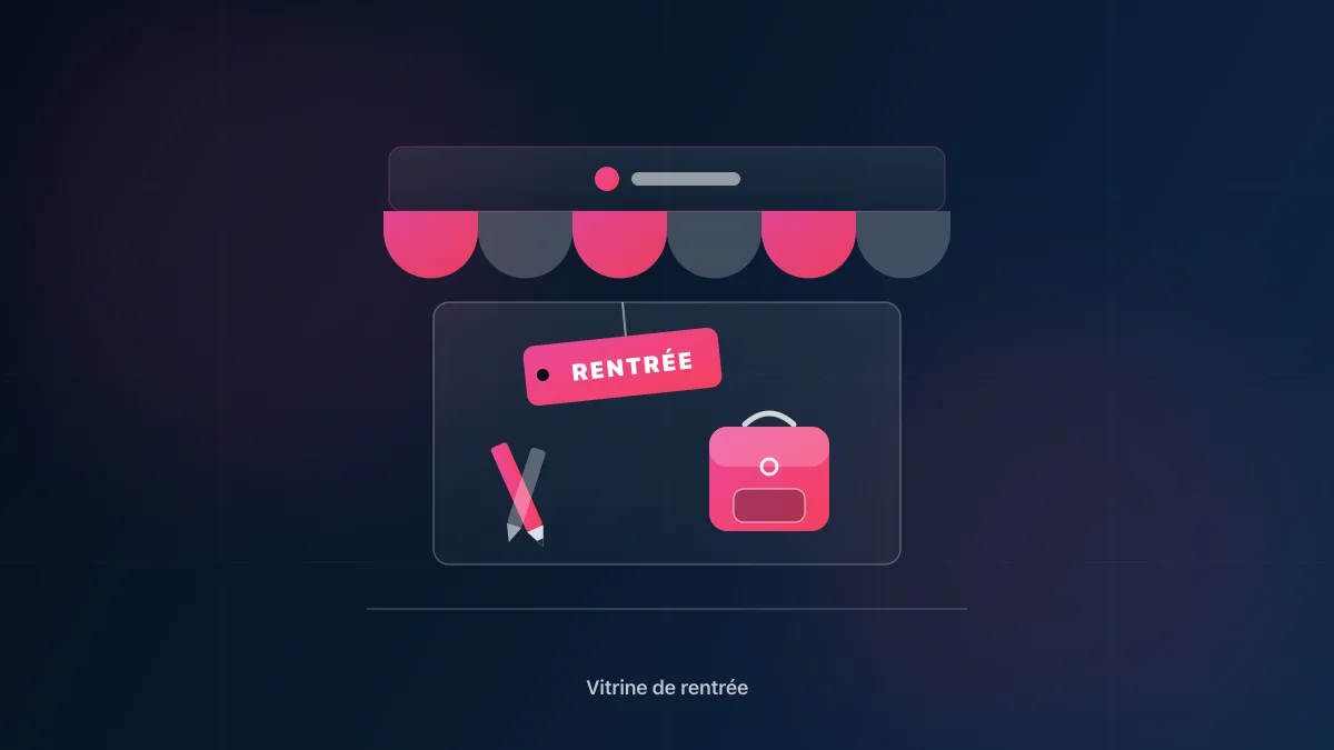 Vitrine de commerce habillée pour la rentrée avec vitrophanie saisonnière